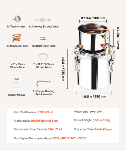 Moonshine Still 3 Gal Water Alcohol Distiller Brewing Kit Stainless Steel