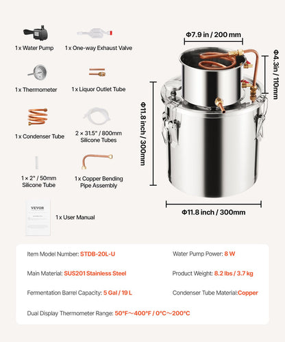 Moonshine Still 5 Gal Wasser Alkohol Destilliergerät Brauset Edelstahl