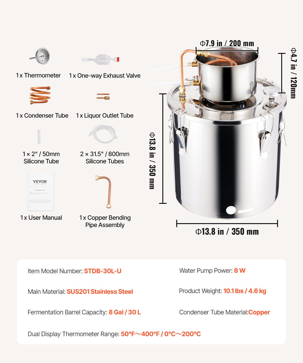 Moonshine Still 8 Gal Water Alcohol Distiller Brewing Kit Stainless Steel