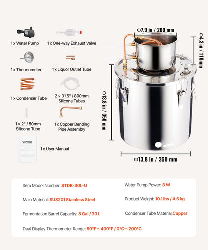Moonshine Still 8 Gal Water Alcohol Distiller Brewing Kit Rostfritt stål