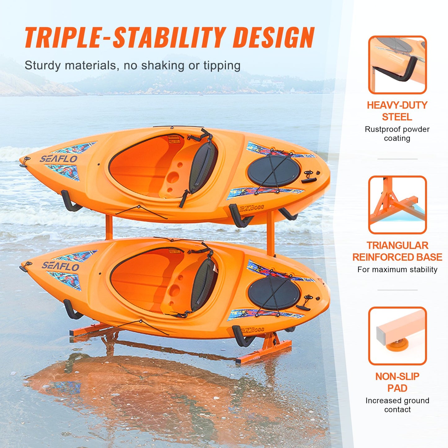 Freestanding Kayak Storage Rack, Kayak Rack for 4 Kayaks Canoe Paddleboard, Heavy Duty Steel Kayak Holder with Padded Arms and Adjustable Width, 220 LBS Max Load, for Outdoor Garage Indoor