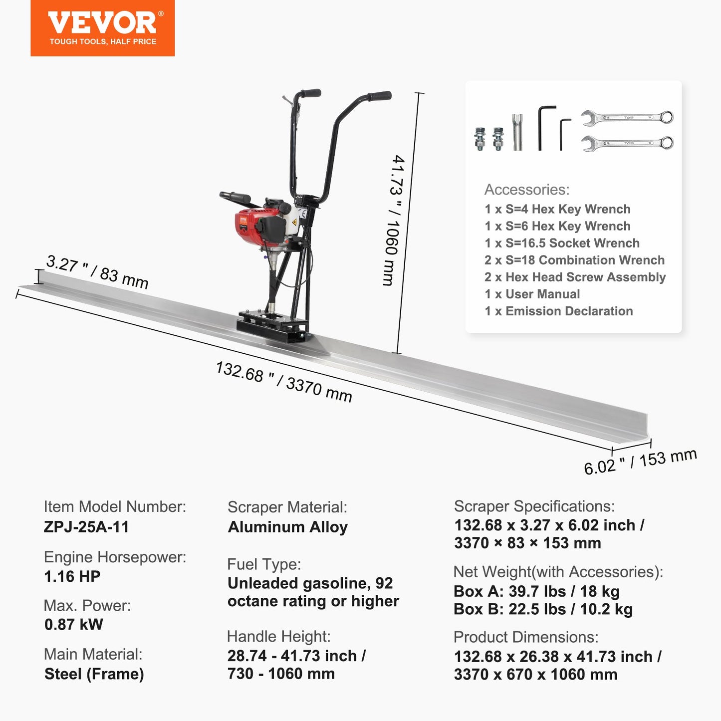 Gas Betong Power Screed, med 3370 mm aluminiumskiva med rak kantstång, 4-takts cementfinishing Vibrerande motor med höjdjusterbara handtag, högeffektiva betongverktyg 6500 rpm