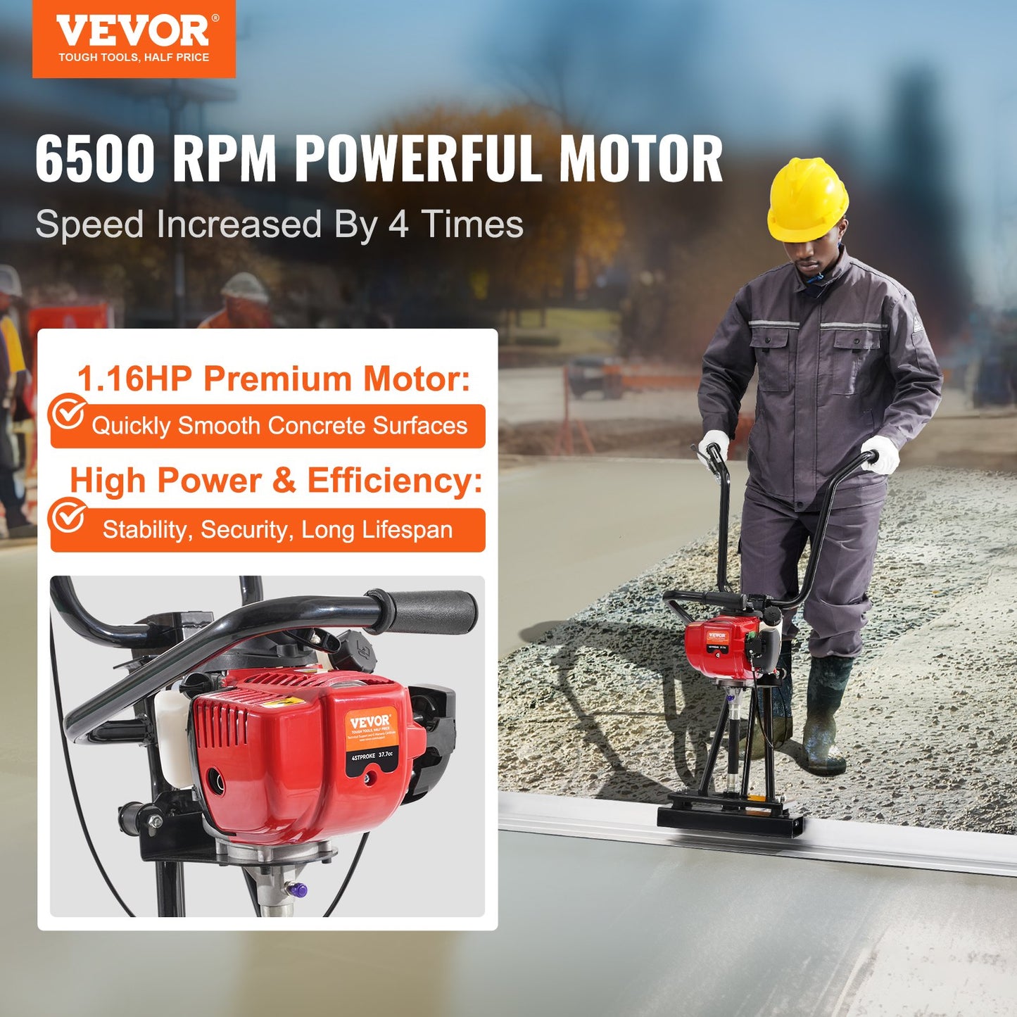 Gas Concrete Power Screed, with 1830mm aluminum disc with straight edge bar, 4-stroke cement finishing vibrating motor with height adjustable handles, high-efficiency concrete tools 6500 rpm