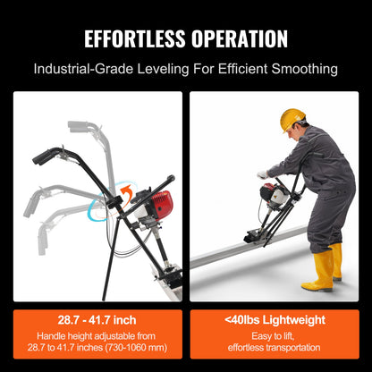 Gas Concrete Power Screed, with 1830mm aluminum disc with straight edge bar, 4-stroke cement finishing vibrating motor with height adjustable handles, high-efficiency concrete tools 6500 rpm