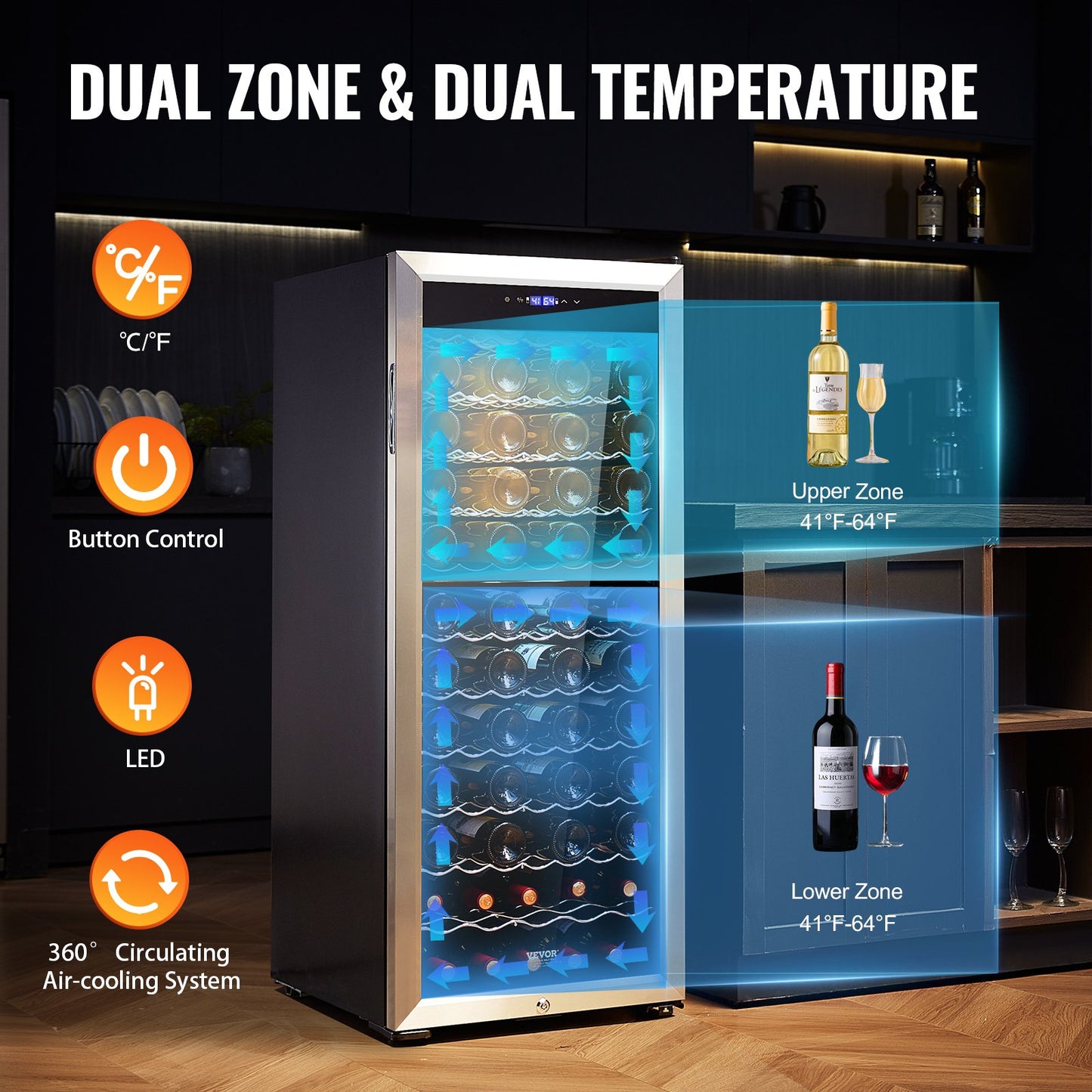 80-flasks vinkylare Dual Zone Fristående Kylskåp LED-ljuslås