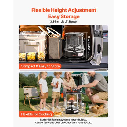 9000 BTU bärbar fotogenvärmare och spis, 2-i-1 icke-elektrisk inomhus- och utomhusvärmare med justerbar höjd och låga och enkel förvaring, för camping, jakt, matlagning, hem, garage, svart |  EU