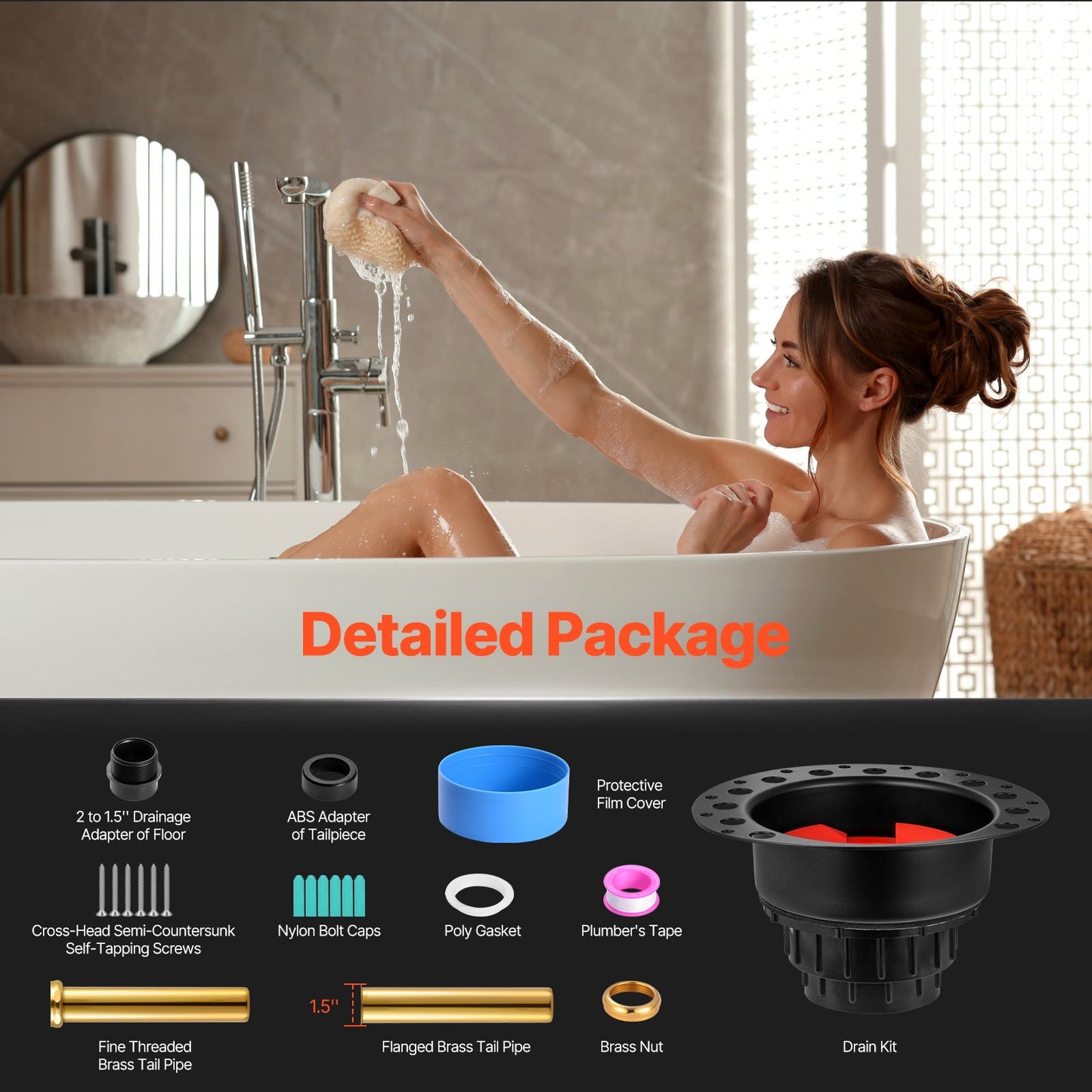 Freestanding bathtub drain kit Bathtub drain Grov-in kit with ABS adapter