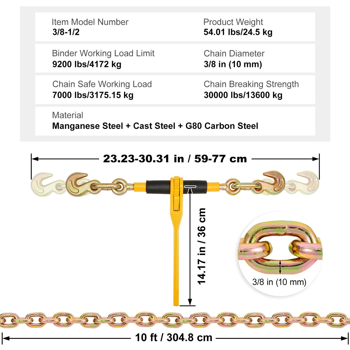 Kedje- och bindemedelssats 3/8"-1/2" spärrlastbindare 3/8" x 10" kedja 2 pack