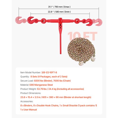 Ratchet Chain Tie Down 3/8 inch x 10 ft G80 Chains Cargo Tie Downs for Transport | EU