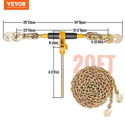 Ratchet Chain Binder 2PCS, 3/8"-1/2" Heavy Duty Load Binders, with G80 Chains 12000 lbs Safe Load Limit, Labor-Saving Anti-Slip Handle, Binding Chain Binder for Flatbed Truck Trailer