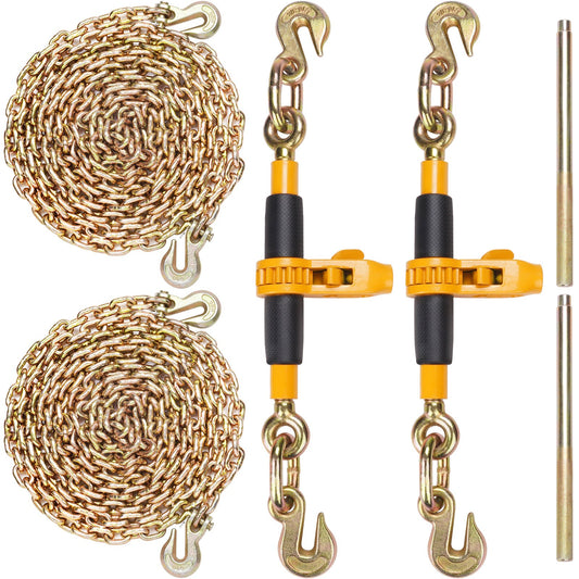 Ratchet Chain Binder 2PCS, 3/8"-1/2" Heavy Duty Load Binders, with G80 Chains 12000 lbs Safe Load Limit, Labor-Saving Anti-Slip Handle, Binding Chain Binder for Flatbed Truck Trailer