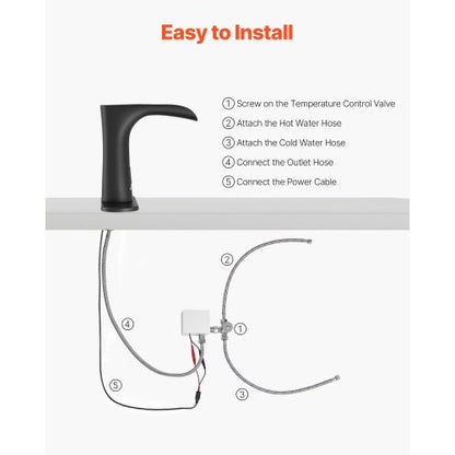 Beröringsfri badrumsblandare, automatisk rörelsesensor vattenfall toalettblandare med hål täckplatta, modern elektronisk sensor varm/kallt vatten för 9,5 mm rör kommersiell, mattsvart |  EU