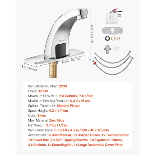 Beröringsfri badrumsblandare, automatisk rörelsesensor toalettblandare med hålplatta, batteridriven, varmt/kallt vatten för 9,5 mm rör kommersiell toalett, förkromad silver |  EU