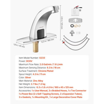Beröringsfri badrumsblandare, automatisk rörelsesensor toalettblandare med hålplatta, batteridriven, varmt/kallt vatten för 9,5 mm rör kommersiell toalett, förkromad silver |  EU