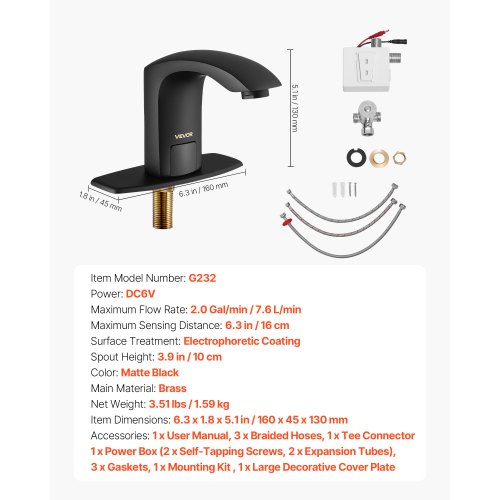 Beröringsfri badrumsblandare, automatisk rörelsesensor toalettblandare med hålplatta, batteridriven, justerbar temperatur för 9,5 mm rör kommersiell toalett, mattsvart |  EU