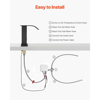 Beröringsfri badrumsblandare, automatisk rörelsesensor vattenfall toalettblandare med hålplatta, batteridriven, varmt/kallt vatten för 9,5 mm rör kommersiell toalett, mattsvart |  EU