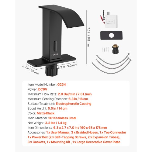 Beröringsfri badrumsblandare, automatisk rörelsesensor vattenfall toalettblandare med hålplatta, batteridriven, varmt/kallt vatten för 9,5 mm rör kommersiell toalett, mattsvart |  EU