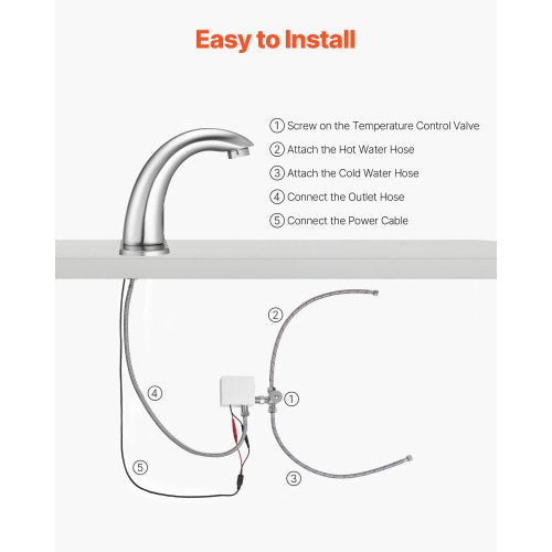 Beröringsfri badrumsblandare, automatisk rörelsesensor toalettblandare med hålplatta, batteridriven, justerbar temperatur för 9,5 mm rör kommersiell toalett, borstad nickelsilver |  EU