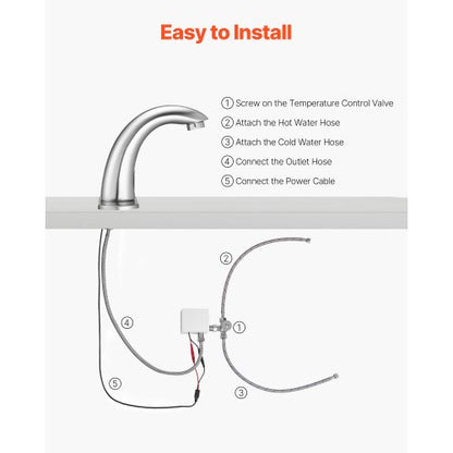 Beröringsfri badrumsblandare, automatisk rörelsesensor toalettblandare med hålplatta, batteridriven, justerbar temperatur för 9,5 mm rör kommersiell toalett, borstad nickelsilver |  EU