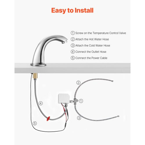 Beröringsfri badrumsblandare, automatisk rörelsesensor toalettblandare med hålplatta, batteridriven, justerbar temperatur för 9,5 mm rör kommersiell toalett, förkromad silver |  EU
