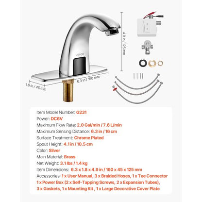 Beröringsfri badrumsblandare, automatisk rörelsesensor toalettblandare med hålplatta, batteridriven, justerbar temperatur för 9,5 mm rör kommersiell toalett, förkromad silver |  EU