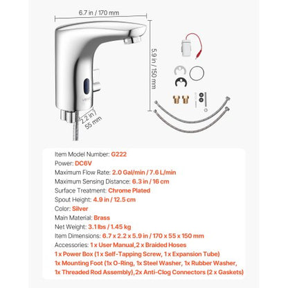 Beröringsfri badrumsblandare, automatisk rörelsesensor toalettblandare, handsfree justerbar kall varm vattenblandare med ett handtag batteridriven för 9,5 mm rör, förkromad silver |  EU