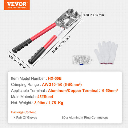 Crimpzange für Batteriekabelhaken, 10-1/0AWG Aluminiumklemmen-Batteriestecker-Crimpzange, mit 60 Aluminiumringkontaktklemmen, Crimpeinsatz in 6 Drahtgrößen, für Hochleistungs-Kabelschuhe