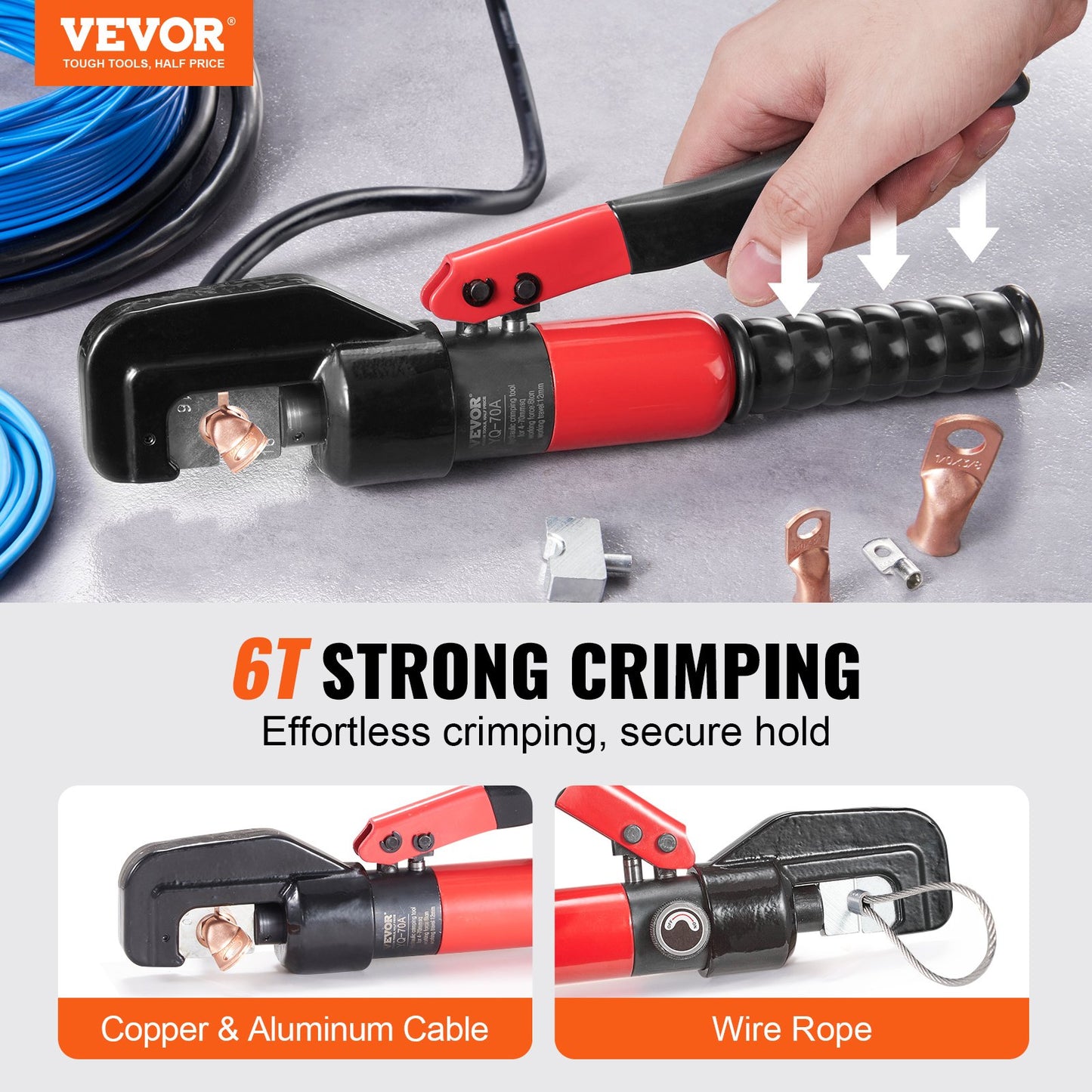 Crimping Tool, AWG12-2/0 Copper and Aluminum Terminal Battery Sleeve Hydraulic Crimper, with a cutting pliers, gloves, 10pcs copper ring connectors, 8 x heat shrink sleeves and a blow molded case
