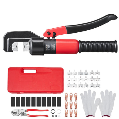 Crimping Tool, AWG12-2/0 Copper and Aluminum Terminal Battery Sleeve Hydraulic Crimper, with a cutting pliers, gloves, 10pcs copper ring connectors, 8 x heat shrink sleeves and a blow molded case