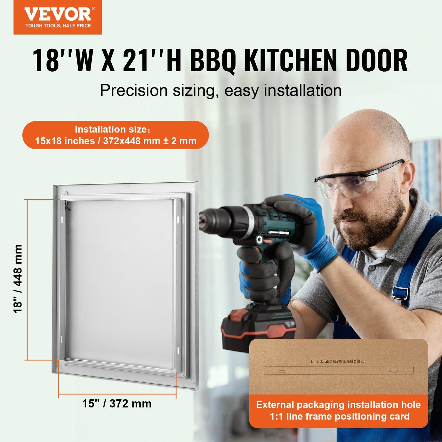 BBQ-åtkomstdörr, 457x533 mm enkel utomhusköksdörr, infälld dörr i rostfritt stål, vertikal väggdörr med infällt handtag, för BBQ Island, grillstation, ytterskåp