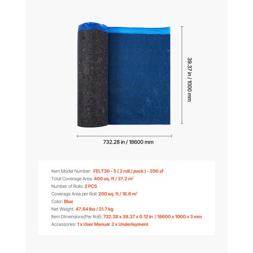 Floor Underlay 37.2 m² 3 mm Recycled Fiber Sound/Vapour Barrier Blue | EU