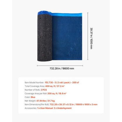 Floor Underlay 37.2 m² 3 mm Recycled Fiber Sound/Vapour Barrier Blue | EU