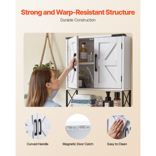 Badrumsväggskåp, med 2 dörrar och justerbar hylla, Förvaring över toaletten Medicinskåp Väggmonterat, Hängande Organiserare med Öppen Skiljevägg och Handduksstång för Tvättstuga Kök, Vit |  EU