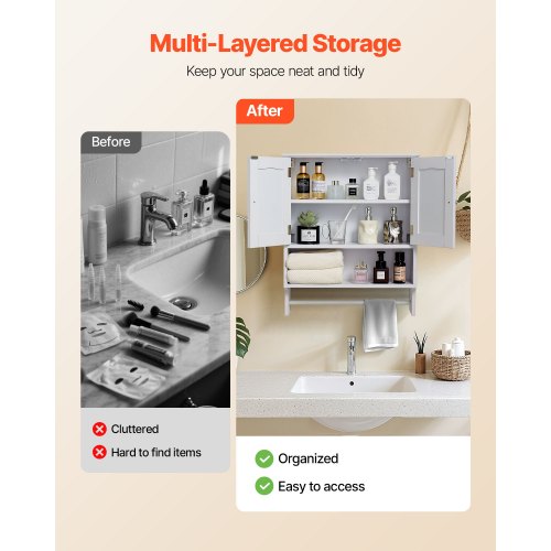 Badrumsskåp, 2 dörrar och justerbar hylla, Förvaring över toaletten Medicinskåp Väggmonterat, Hängande Organiserare med Öppen Skiljevägg och Handduksstång för Tvättstuga Kök, Vit |  EU