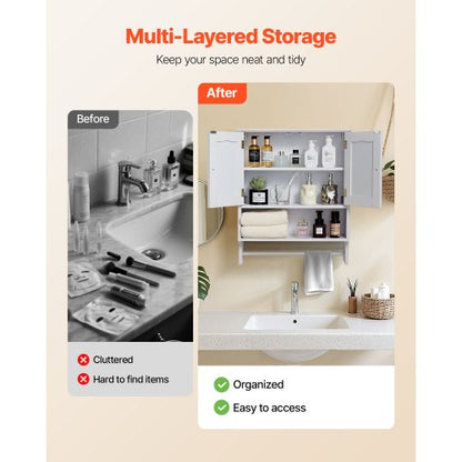 Badrumsskåp, 2 dörrar och justerbar hylla, Förvaring över toaletten Medicinskåp Väggmonterat, Hängande Organiserare med Öppen Skiljevägg och Handduksstång för Tvättstuga Kök, Vit |  EU