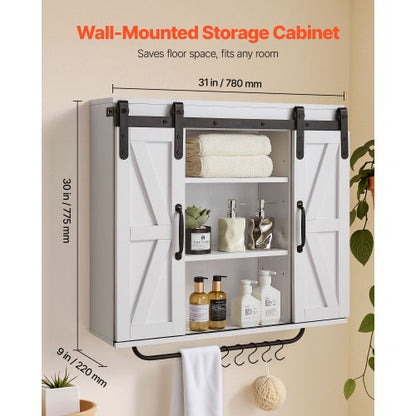 Badrumsskåp, 2 dörrar och justerbar hylla, Förvaring över toaletten Medicinskåp Väggmonterat, Hängande Organiserare med Öppen Skiljevägg/Handduksstång/Krokar för Tvättstuga Kök, Vit |  EU