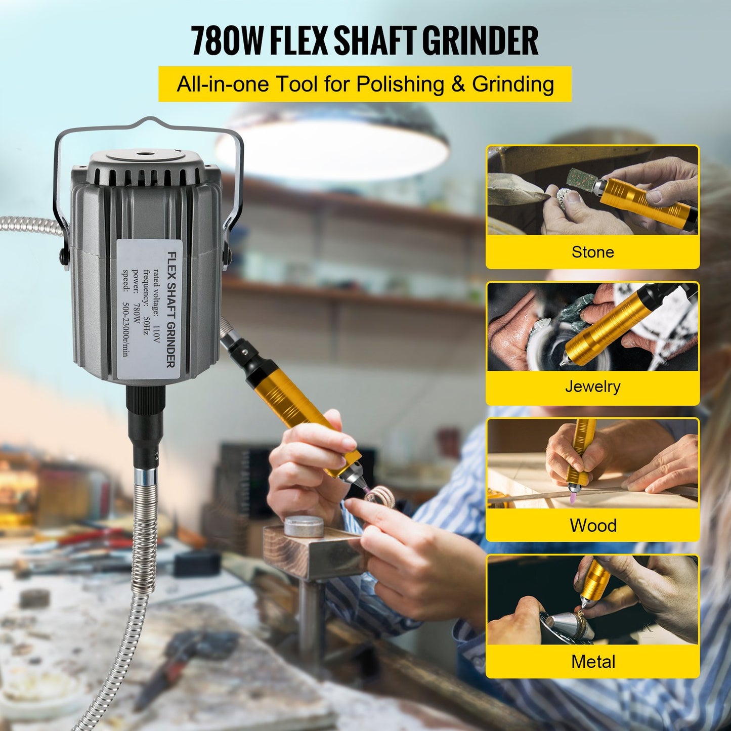 Flexwellenschleifer, 780 W, Rotationswerkzeug, 500–23.000 U/min, Rotationsschnitzer mit 1/4-Zoll-Dreibackenfutter und stufenlosem Fußpedal, Hängeschleifer, 131-teiliges Zubehör zum Polieren und Schleifen von Schmuck, DIY