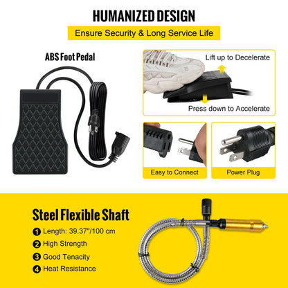 Flexwellenschleifer, 780 W, Rotationswerkzeug, 500–23.000 U/min, Rotationsschnitzer mit 1/4-Zoll-Dreibackenfutter und stufenlosem Fußpedal, Hängeschleifer, 131-teiliges Zubehör zum Polieren und Schleifen von Schmuck, DIY