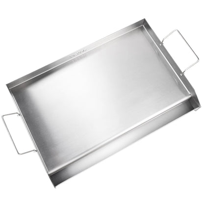 Spishäll, 23,5" x 16" förkryddad rostfri stålpanna, rektangulär dubbelbrännare grillpanna, non-stick familjepanna Kökskärl med handtag och oljespår, för BBQ, gasolgrillar, silver