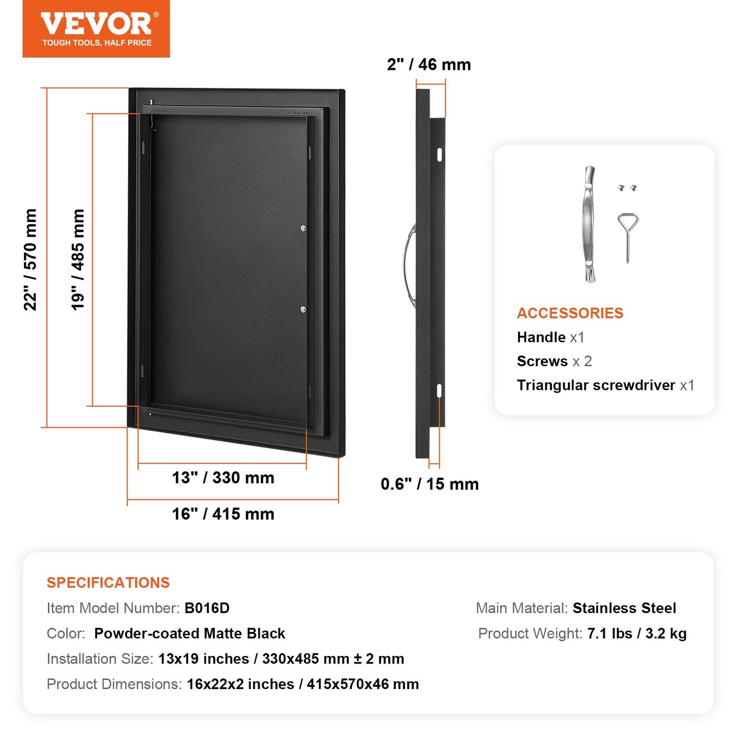 BBQ Access Door, 415x570mm Single Outdoor Kitchen Door, Cold Plate Recessed Door, Vertical Wall Door with Handle, for BBQ Island, Grill Station, Outdoor Cabinet