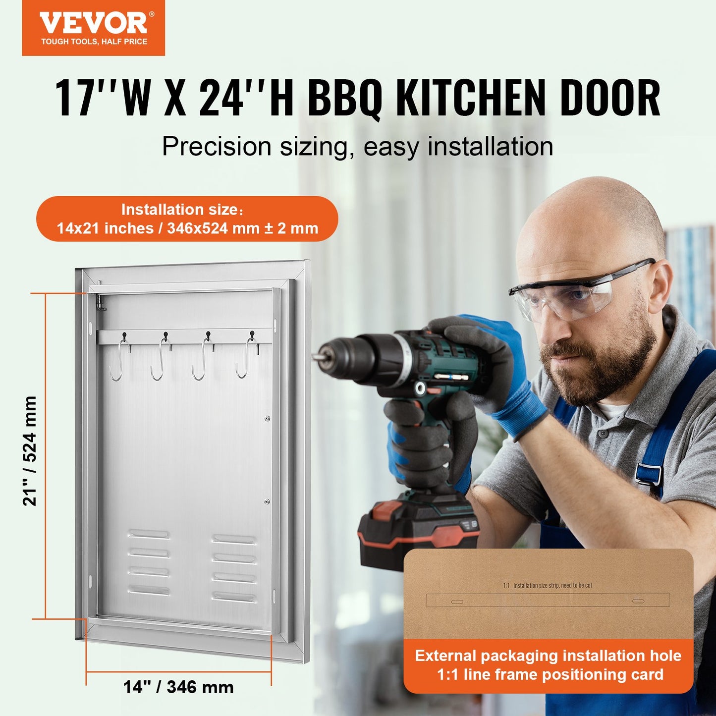 BBQ access door, 610x431 mm single outdoor kitchen door, stainless steel recessed door, vertical wall door with handle, vents and hook, for BBQ Island, grill station, outdoor cabinet