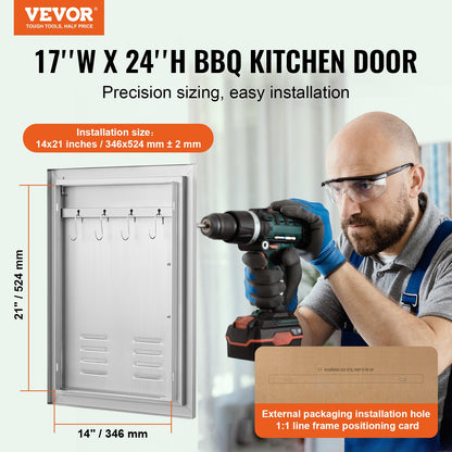 BBQ access door, 610x431 mm single outdoor kitchen door, stainless steel recessed door, vertical wall door with handle, vents and hook, for BBQ Island, grill station, outdoor cabinet