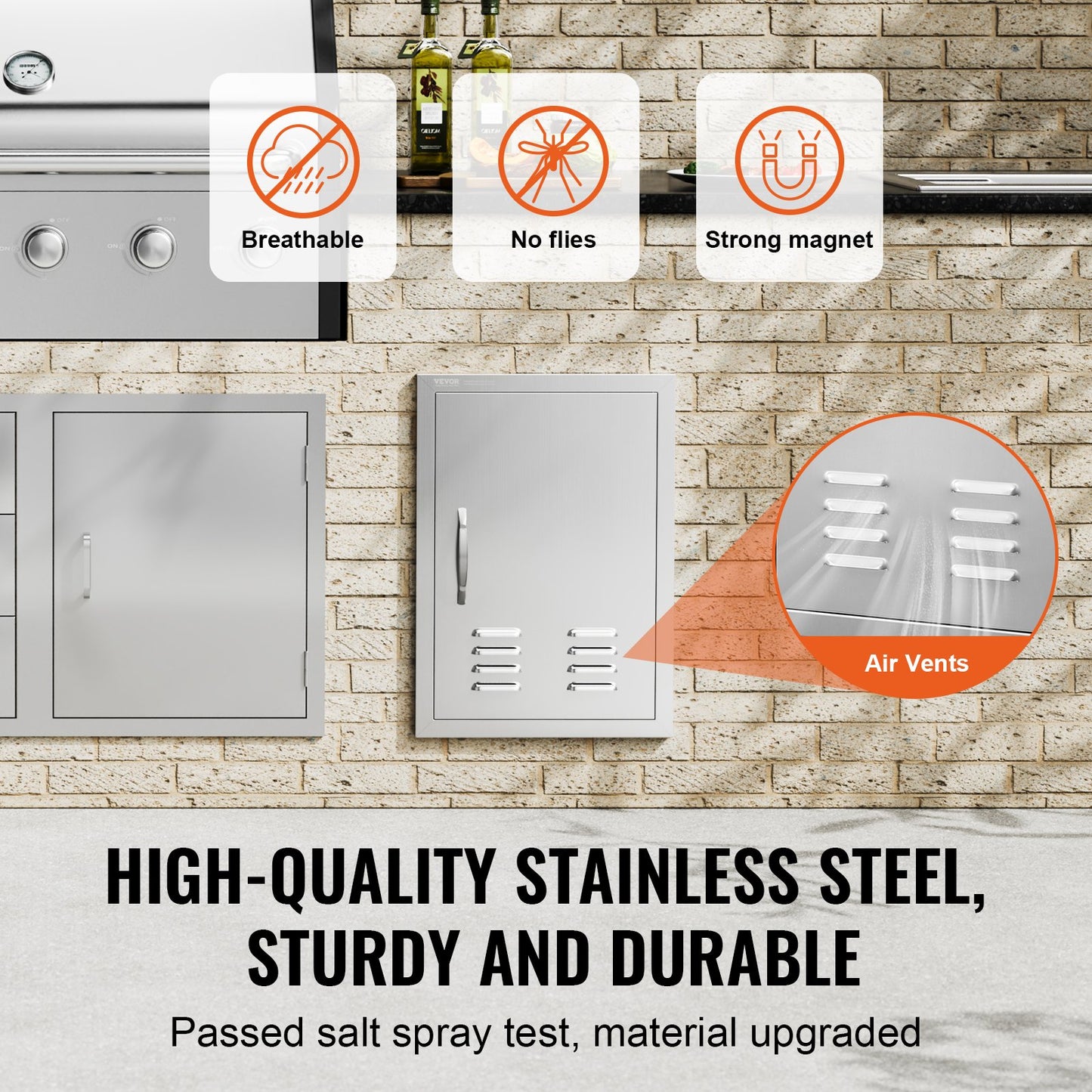 BBQ access door, 610x431 mm single outdoor kitchen door, stainless steel recessed door, vertical wall door with handle, vents and hook, for BBQ Island, grill station, outdoor cabinet