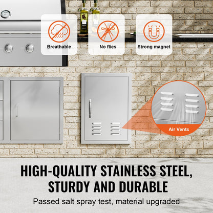 BBQ access door, 610x431 mm single outdoor kitchen door, stainless steel recessed door, vertical wall door with handle, vents and hook, for BBQ Island, grill station, outdoor cabinet