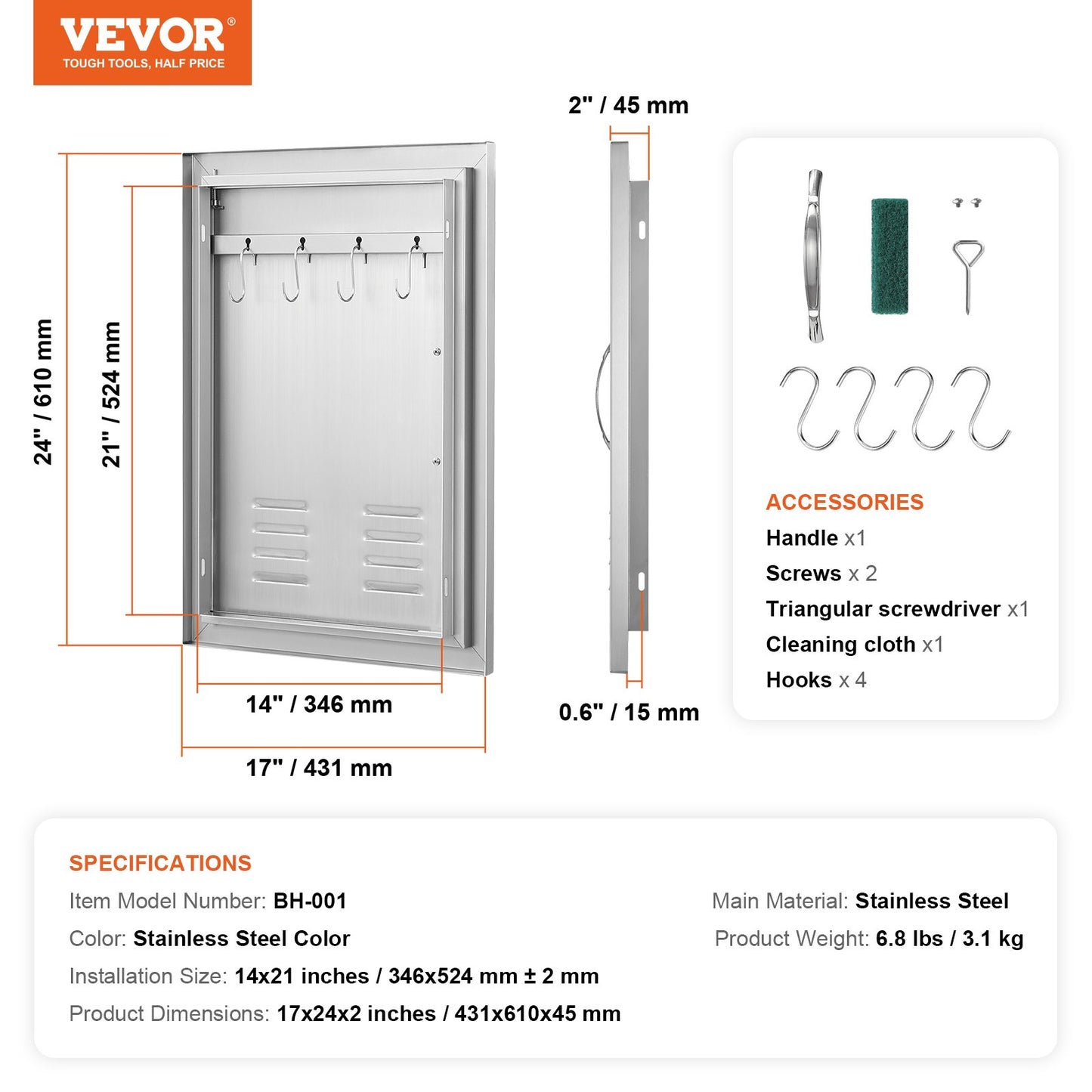 BBQ access door, 610x431 mm single outdoor kitchen door, stainless steel recessed door, vertical wall door with handle, vents and hook, for BBQ Island, grill station, outdoor cabinet