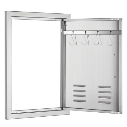 BBQ access door, 610x431 mm single outdoor kitchen door, stainless steel recessed door, vertical wall door with handle, vents and hook, for BBQ Island, grill station, outdoor cabinet