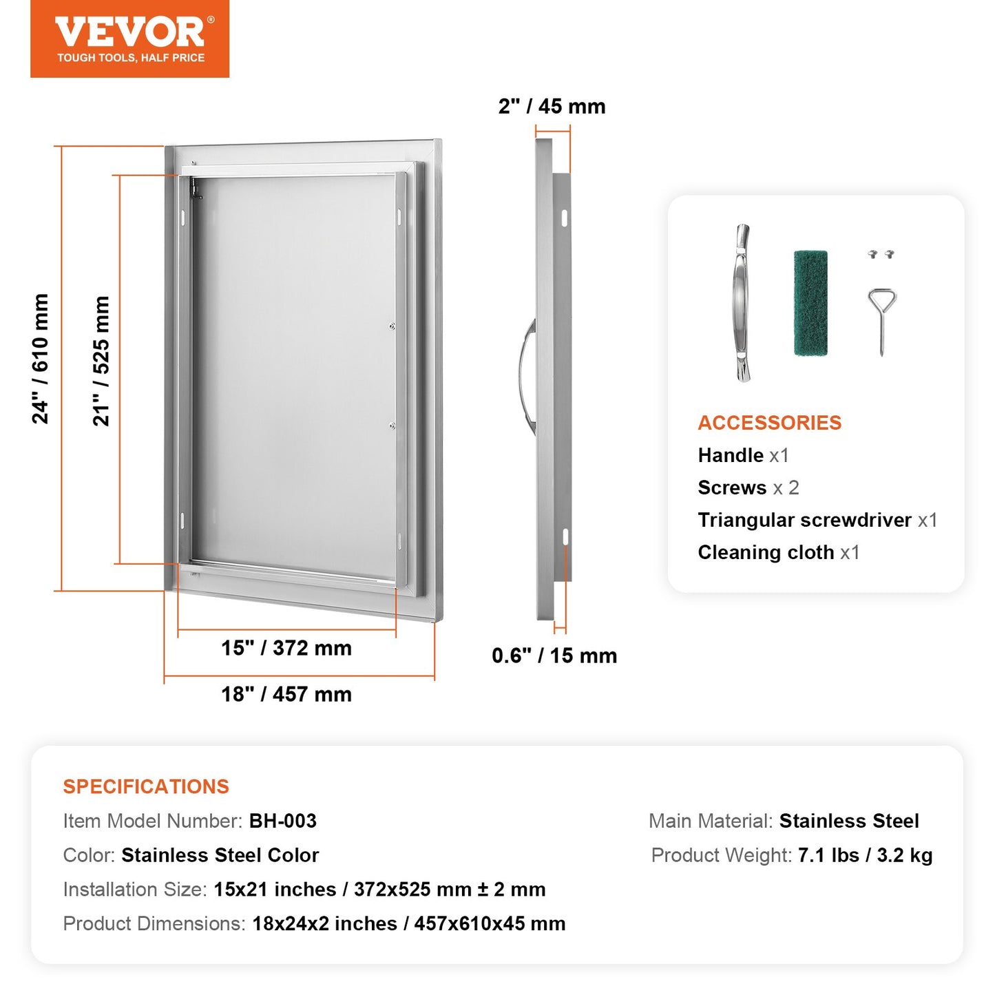BBQ access door, 457x610mm single outdoor kitchen door, stainless steel recessed door, vertical wall door with handle, for BBQ Island, grill station, outdoor cabinet