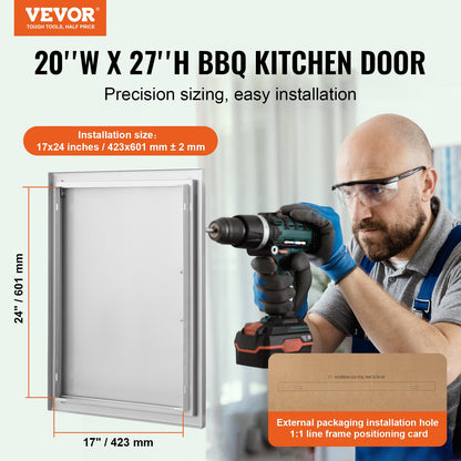 BBQ Access Door, 508x686mm Single Outdoor Kitchen Door, Stainless Steel Recessed Door, Vertical Wall Door with Handle, for BBQ Island, Grill Station, Outdoor Cabinet