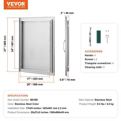 BBQ Access Door, 508x686mm Single Outdoor Kitchen Door, Stainless Steel Recessed Door, Vertical Wall Door with Handle, for BBQ Island, Grill Station, Outdoor Cabinet
