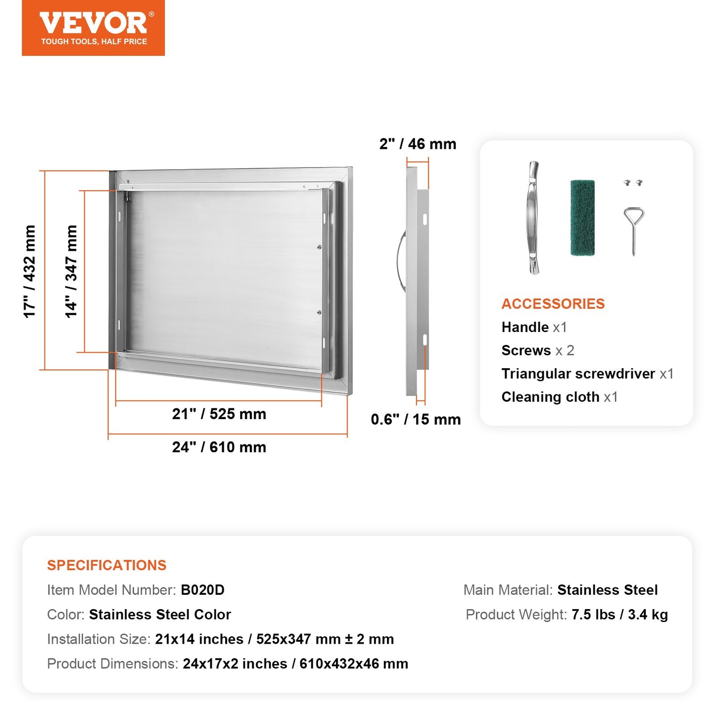 BBQ-åtkomstdörr, 610x432 mm enkel utomhusköksdörr, infälld dörr i rostfritt stål, vertikal väggdörr med handtag, för BBQ Island, grillstation, ytterskåp
